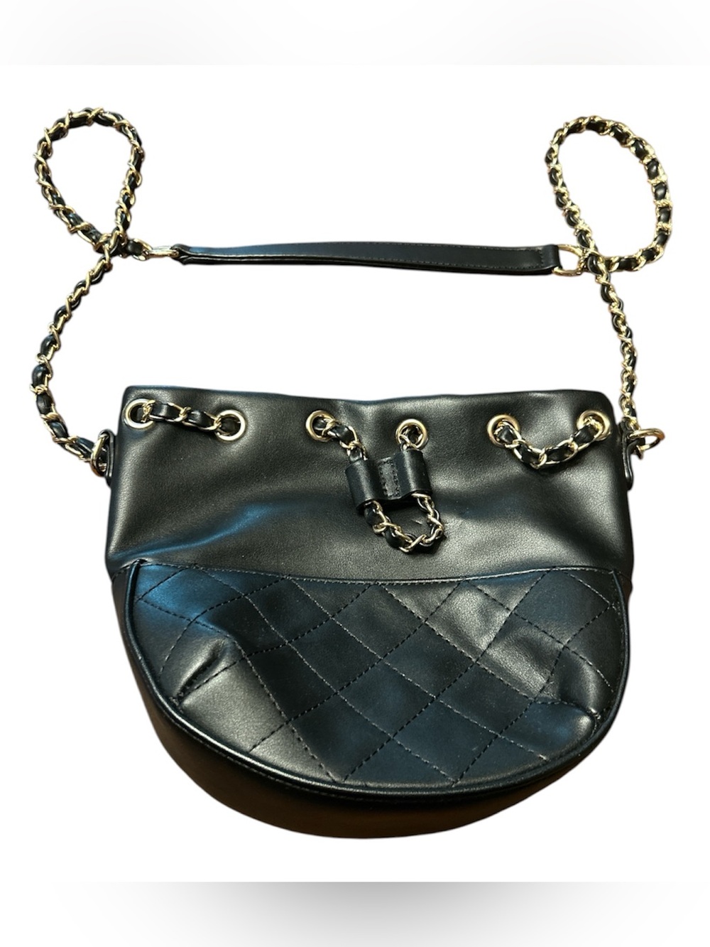 Women’s Melie Bianco Black Quilted Bucket Crossbody Bag with Gold Chain Strap - Picture 2 of 5